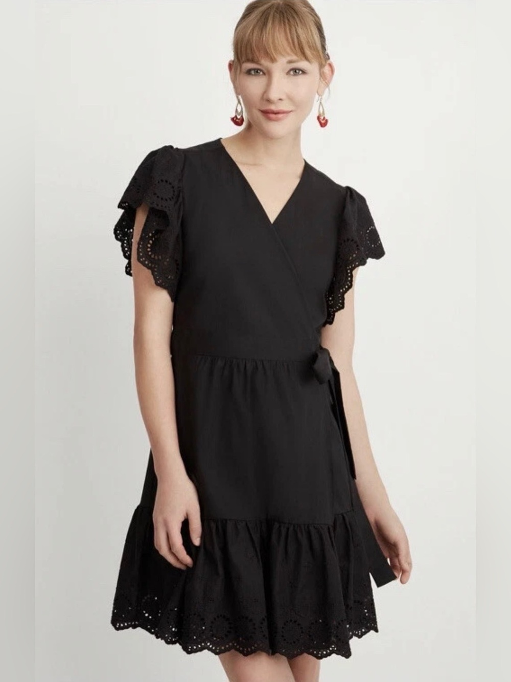 Maette Black Eyelet Cotton Poplin Wrap Mini Dress NWT